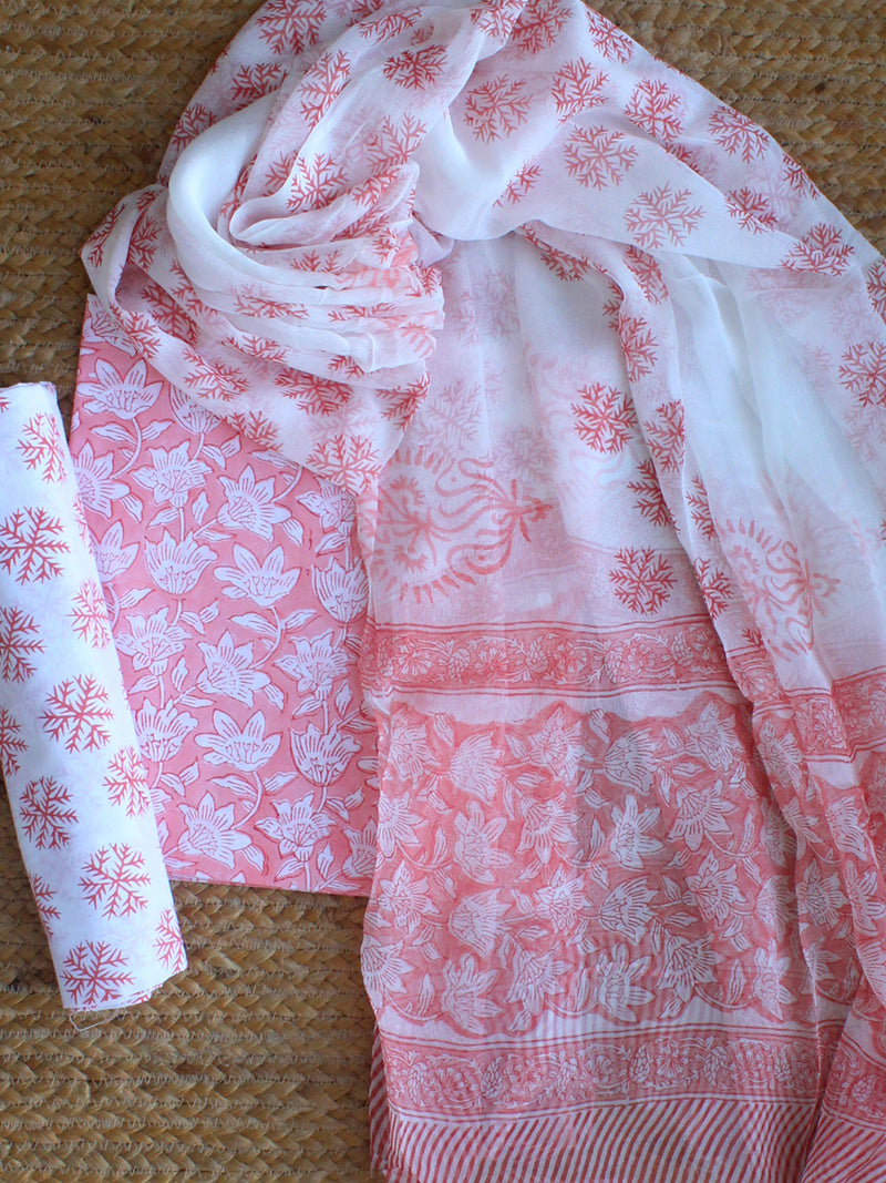 Hand Block Printed Dress Material With Chiffon Dupatta