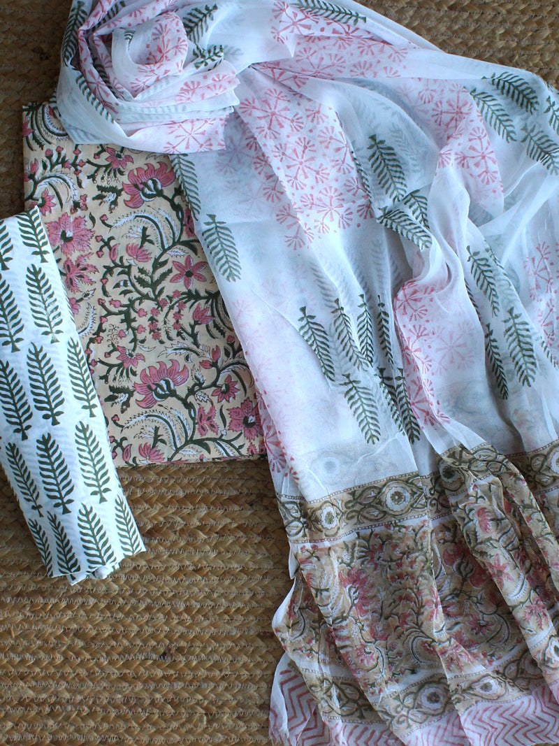 Hand Block Printed Dress Material With Chiffon Dupatta