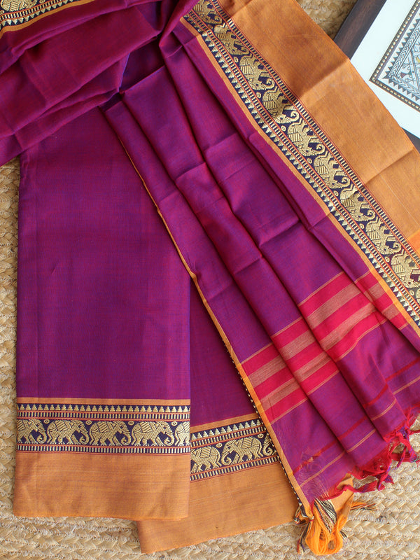 Magenta Dharwad Cotton Dress Material With Elephant Borders