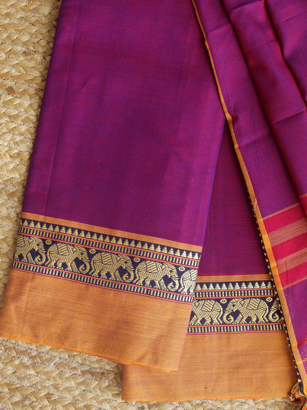 Magenta Dharwad Cotton Dress Material With Elephant Borders