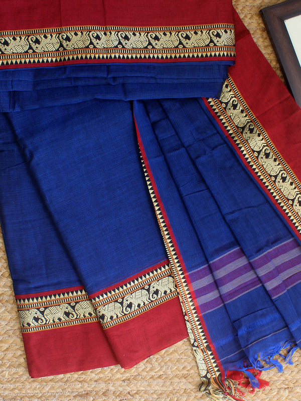 Blue Dharwad Cotton Dress Material With Elephant Borders