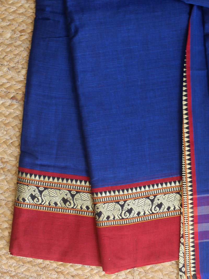 Blue Dharwad Cotton Dress Material With Elephant Borders