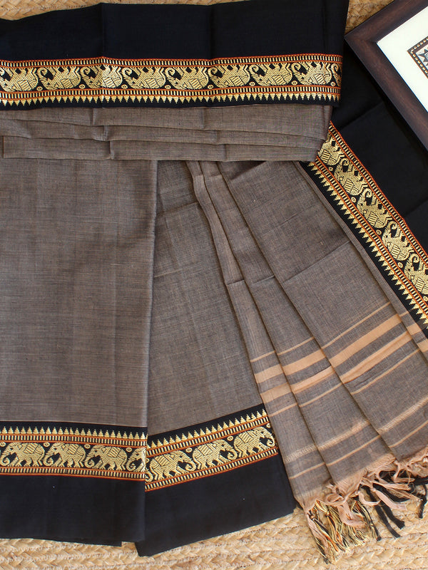 Beige and Black Dual Toned Dharwad Cotton Dress Material With Elephant Borders