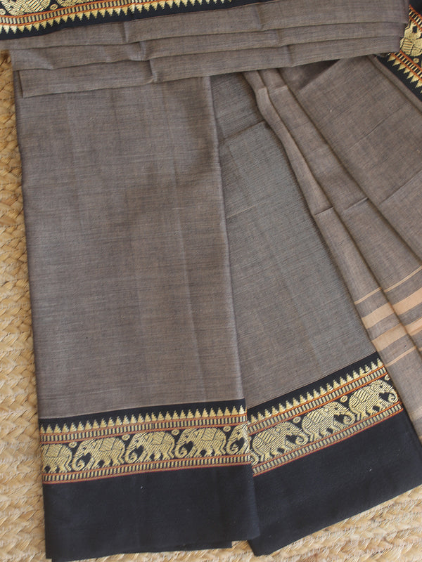 Beige and Black Dual Toned Dharwad Cotton Dress Material With Elephant Borders