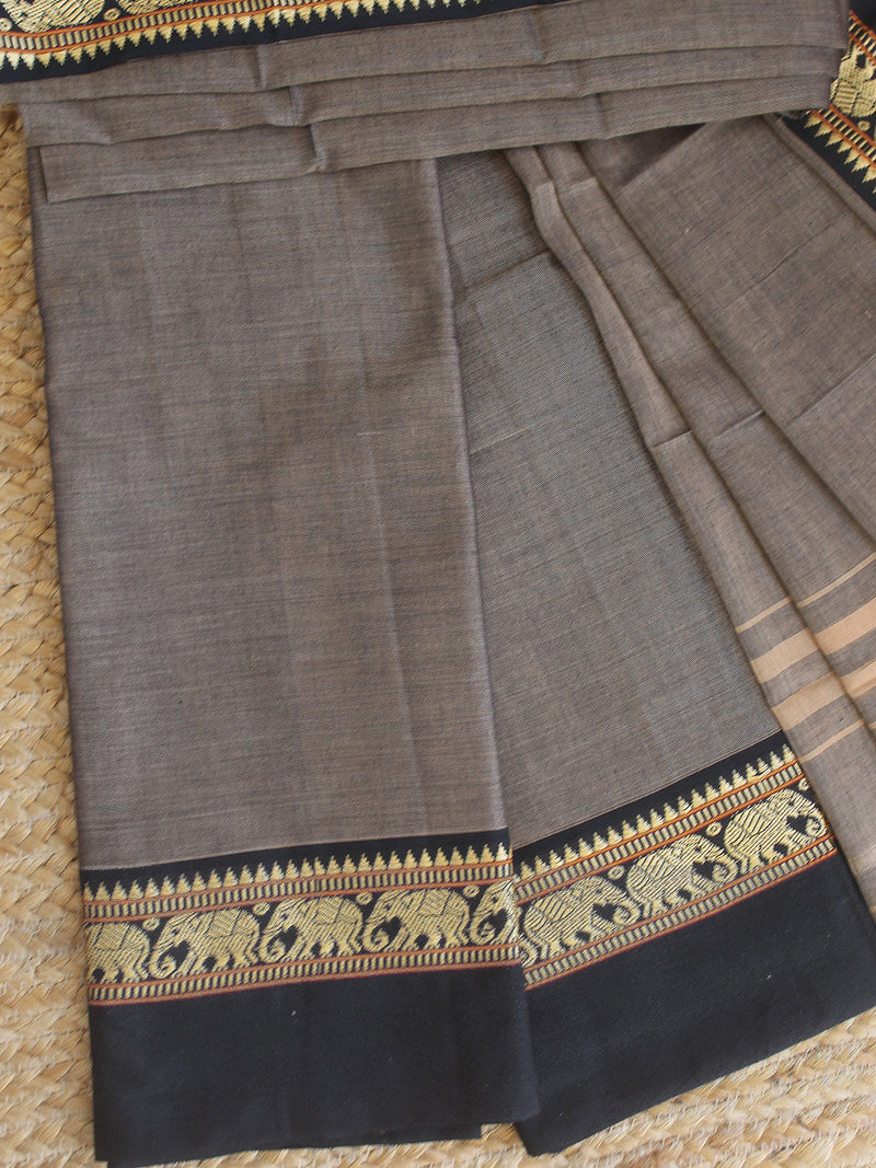 Beige and Black Dual Toned Dharwad Cotton Dress Material With Elephant Borders