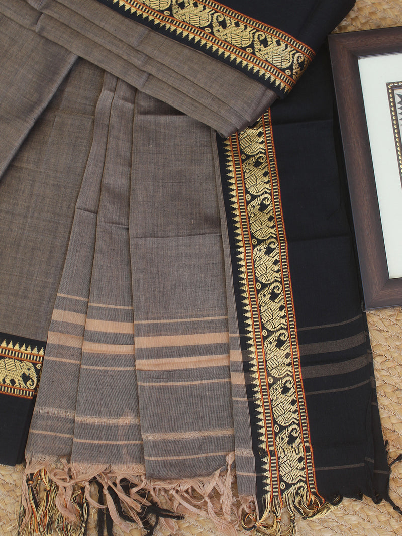 Beige and Black Dual Toned Dharwad Cotton Dress Material With Elephant Borders