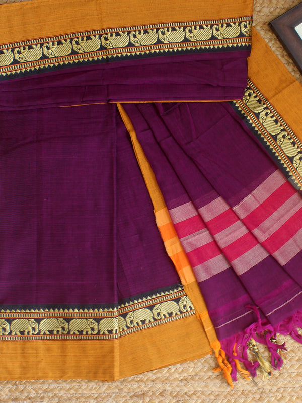 Purple Dharwad Cotton Dress Material With Elephant Borders