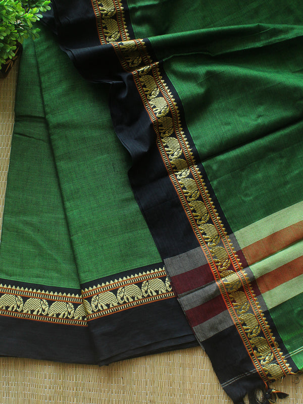 Green Dharwad Cotton Dress Material with Elephant Borders