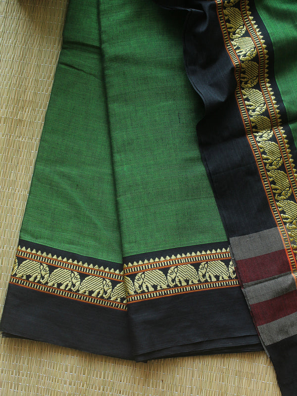 Green Dharwad Cotton Dress Material with Elephant Borders