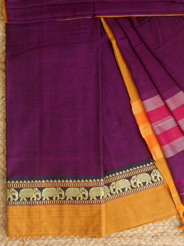 Purple Dharwad Cotton Dress Material With Elephant Borders