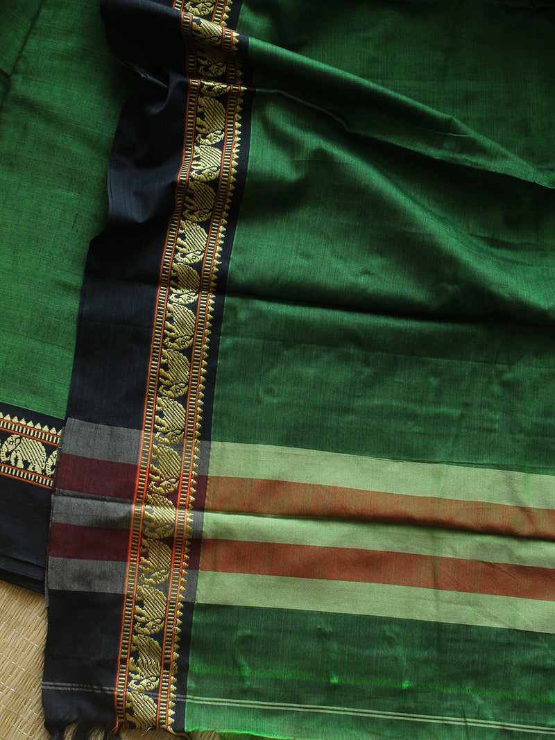 Green Dharwad Cotton Dress Material with Elephant Borders