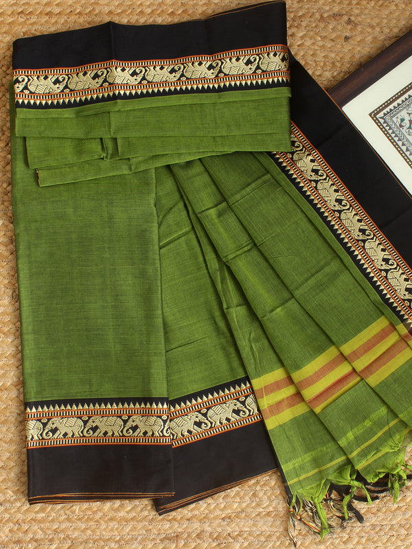 Green Dharwad Cotton Dress Material With Elephant Borders