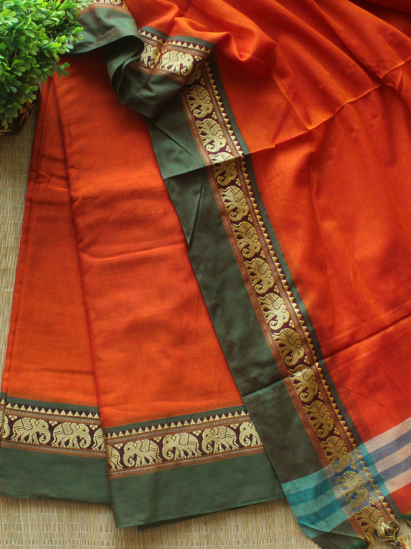 Orange Dharwad Cotton Dress Material with Elephant Borders