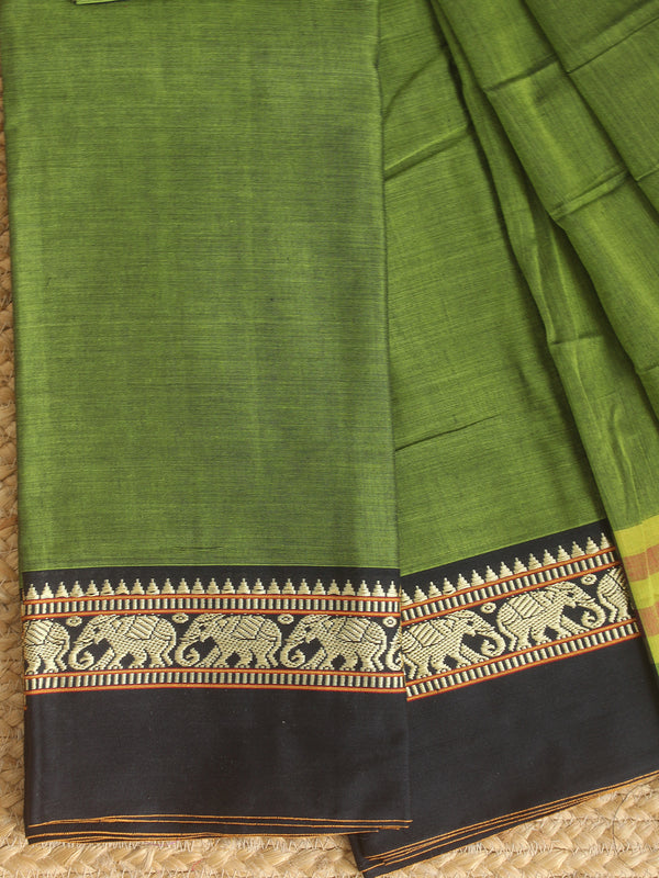 Green Dharwad Cotton Dress Material With Elephant Borders