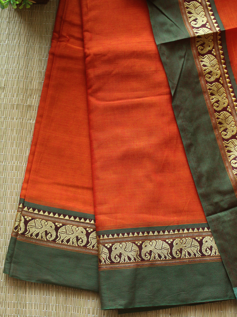 Orange Dharwad Cotton Dress Material with Elephant Borders