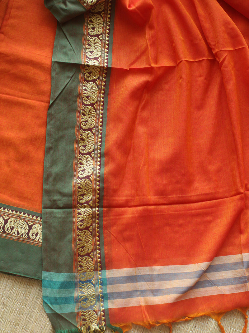 Orange Dharwad Cotton Dress Material with Elephant Borders