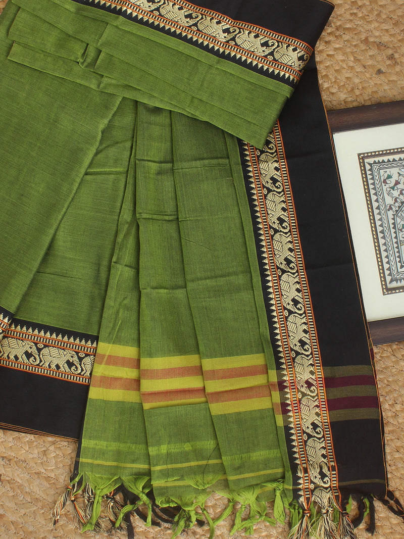 Green Dharwad Cotton Dress Material With Elephant Borders