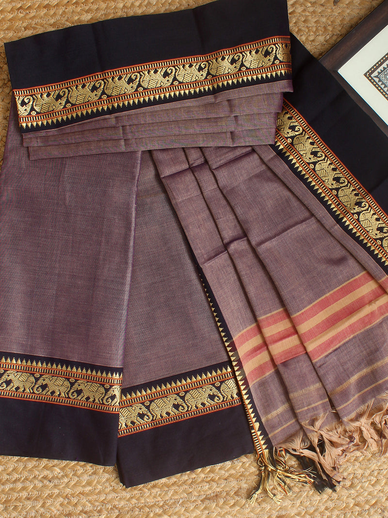 Beige and Purple Dharwad Cotton Dress Material With Elephant Borders