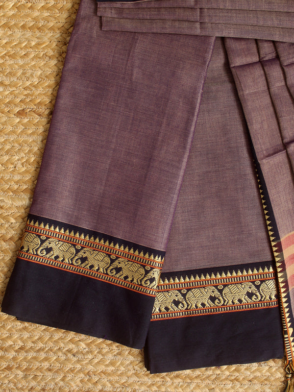 Beige and Purple Dharwad Cotton Dress Material With Elephant Borders