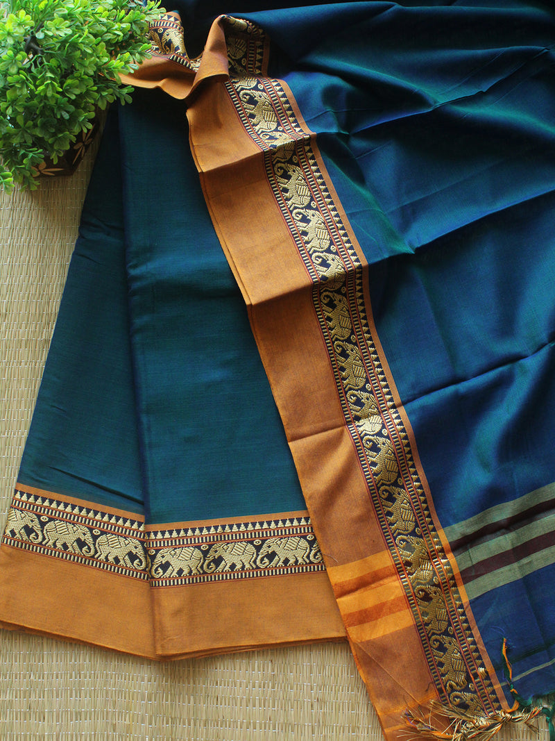 Blue Dharwad Cotton Dress Material with Elephant Borders