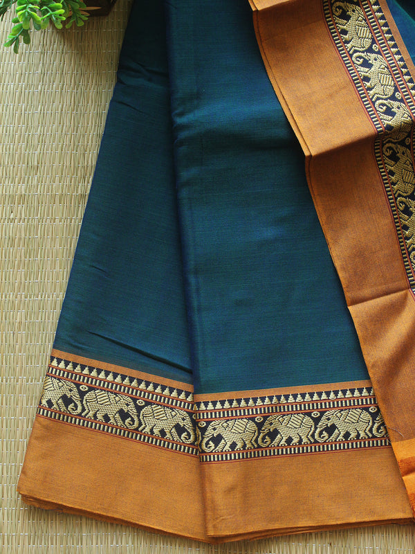 Blue Dharwad Cotton Dress Material with Elephant Borders