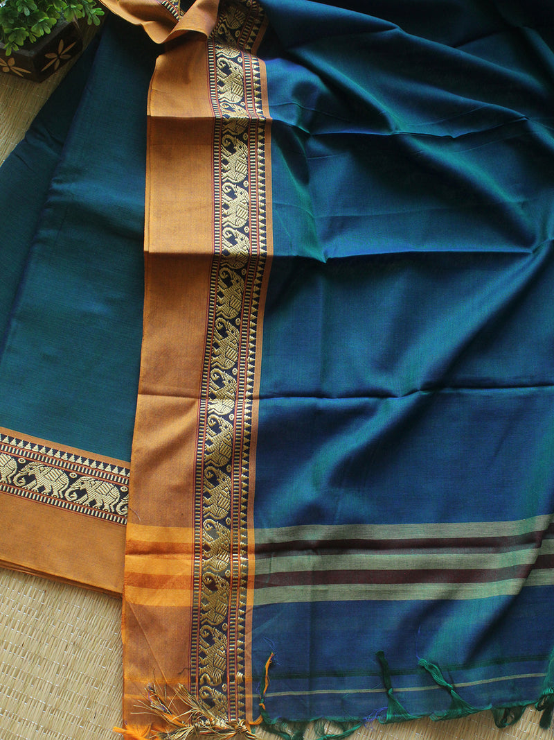 Blue Dharwad Cotton Dress Material with Elephant Borders