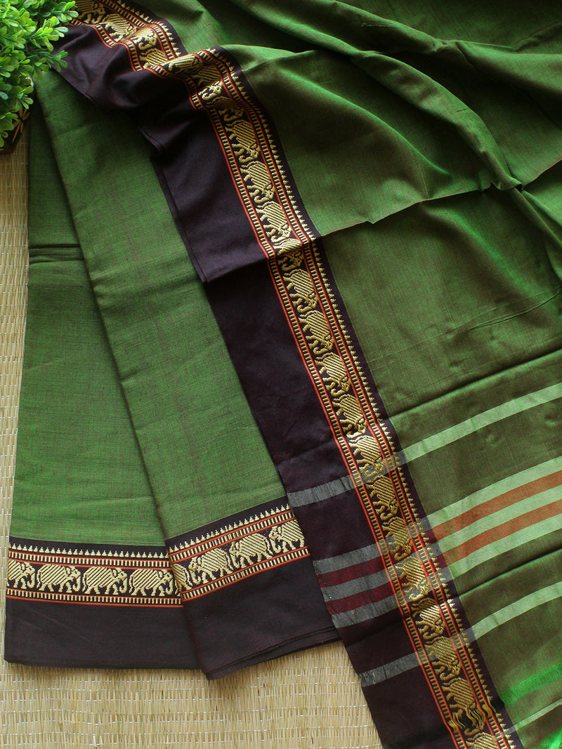 Green and Red Dharwad Cotton Dress Material with Elephant Borders