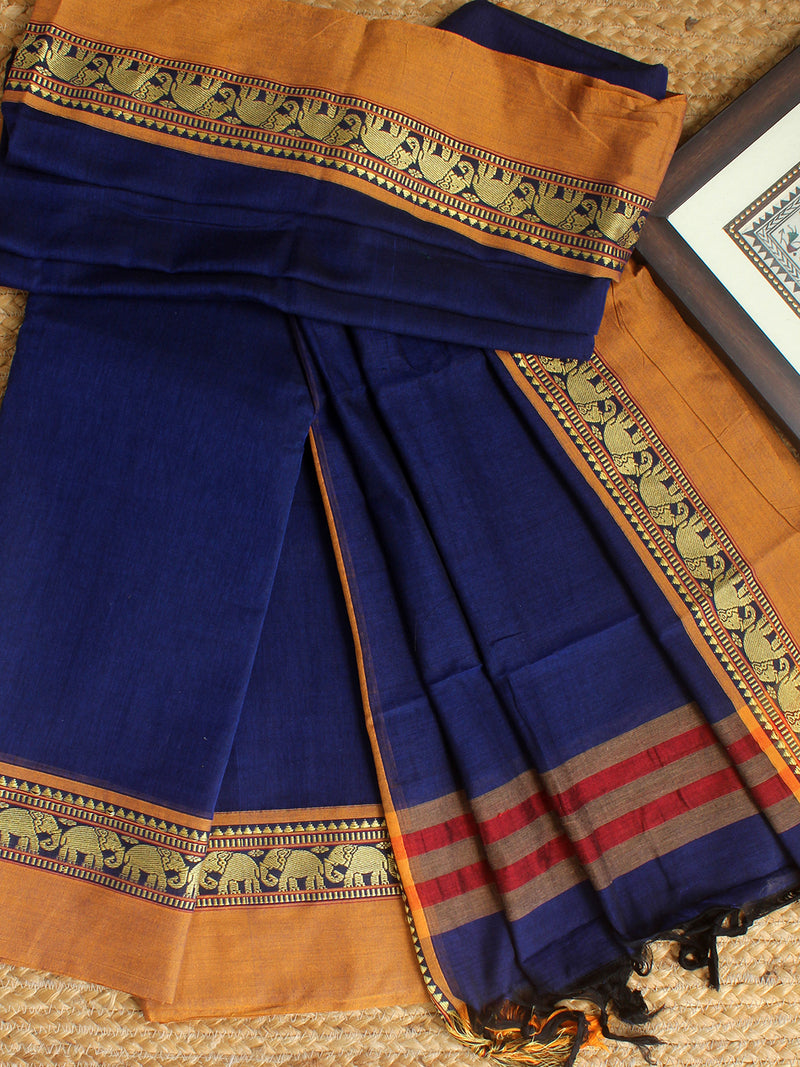 Blue Dharwad Cotton Dress Material With Elephant Borders