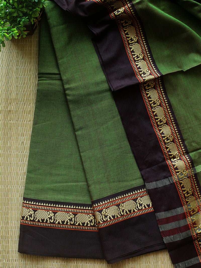 Green and Red Dharwad Cotton Dress Material with Elephant Borders