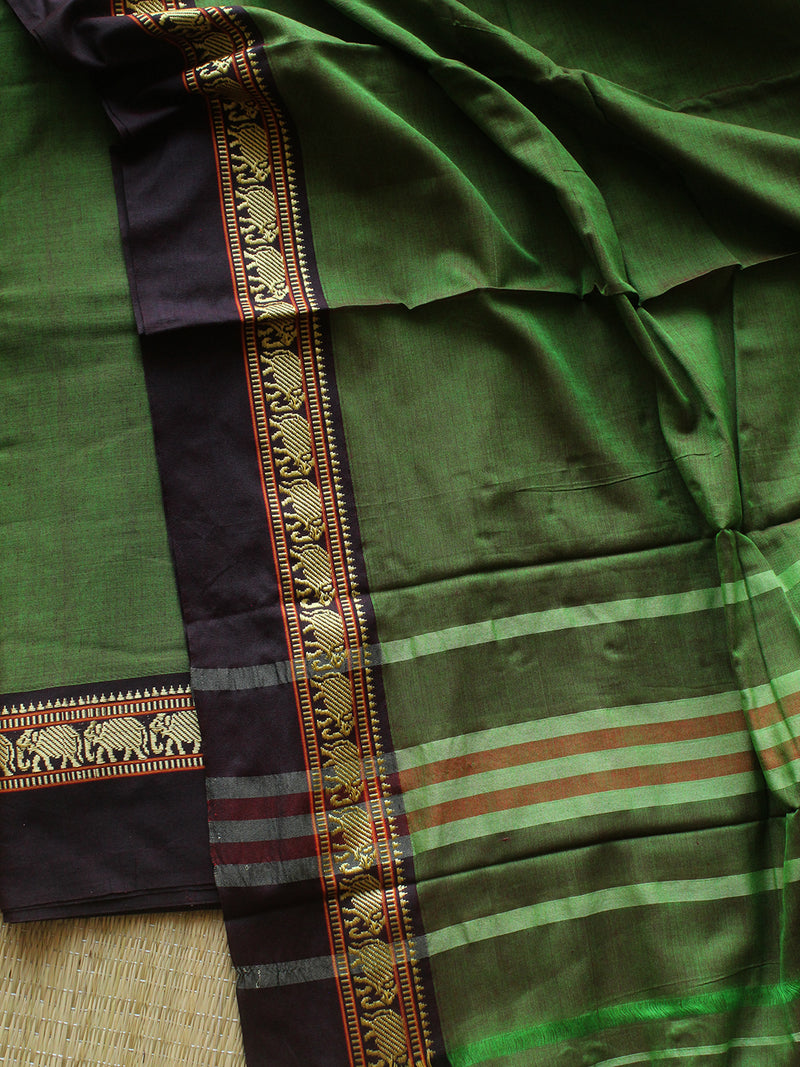 Green and Red Dharwad Cotton Dress Material with Elephant Borders