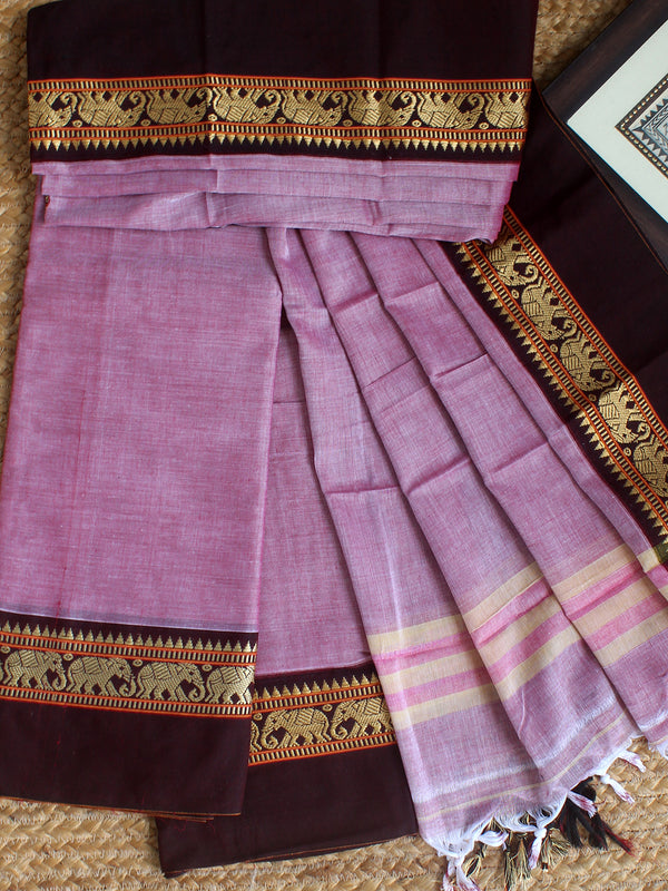 Pink Dharwad Cotton Dress Material With Elephant Borders