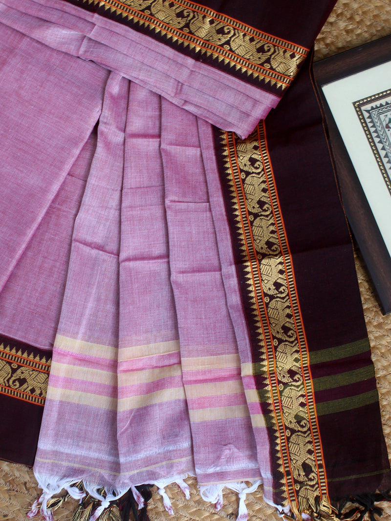 Pink Dharwad Cotton Dress Material With Elephant Borders