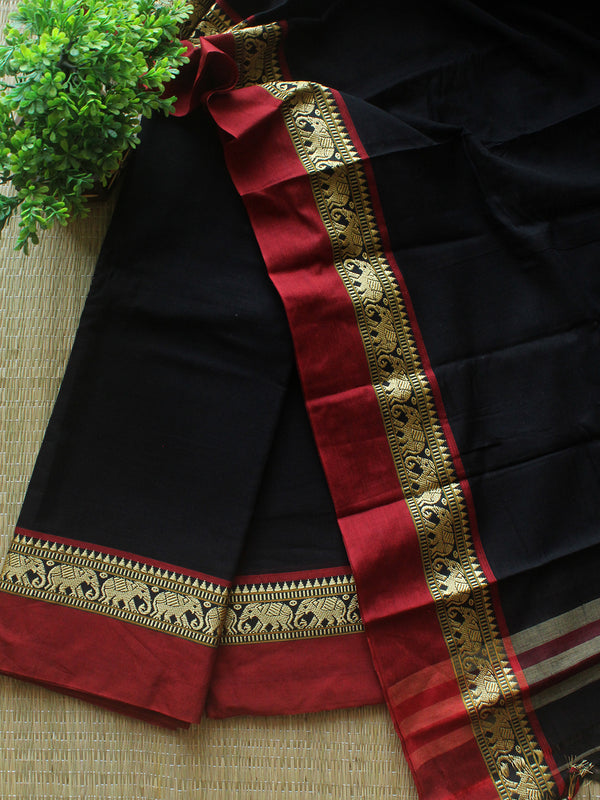 Black Dharwad Cotton Dress Material with Elephant Borders