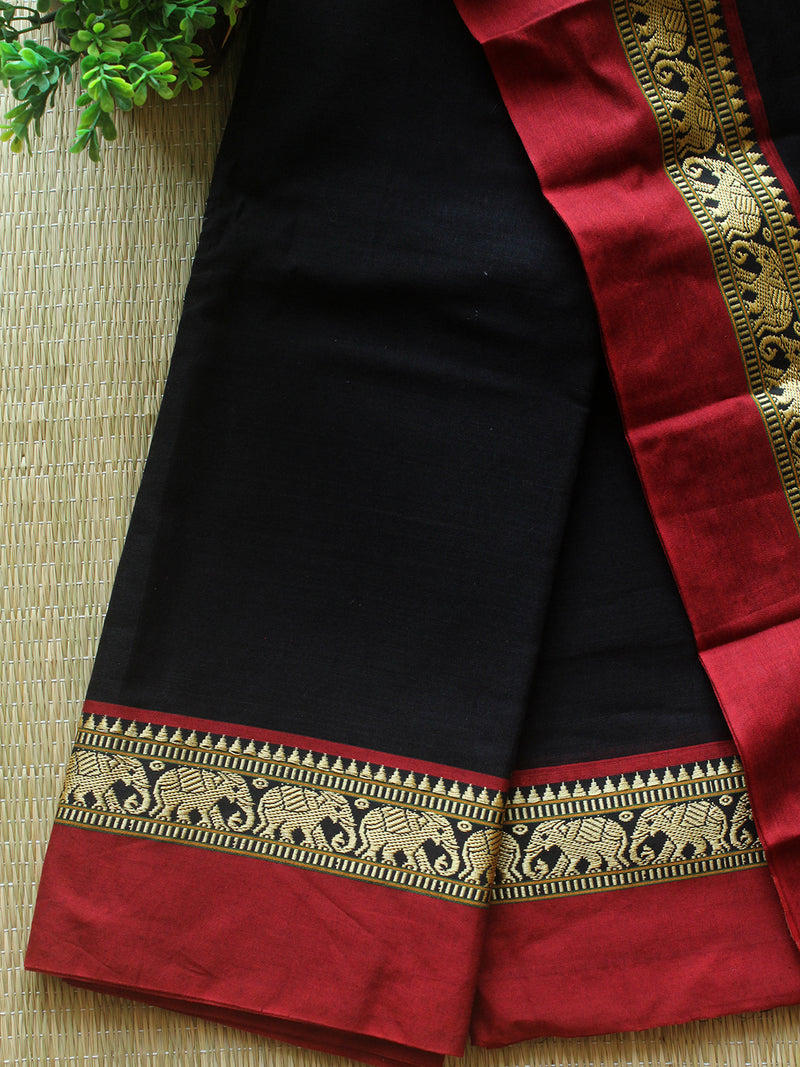 Black Dharwad Cotton Dress Material with Elephant Borders