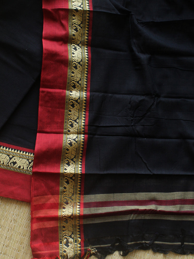 Black Dharwad Cotton Dress Material with Elephant Borders