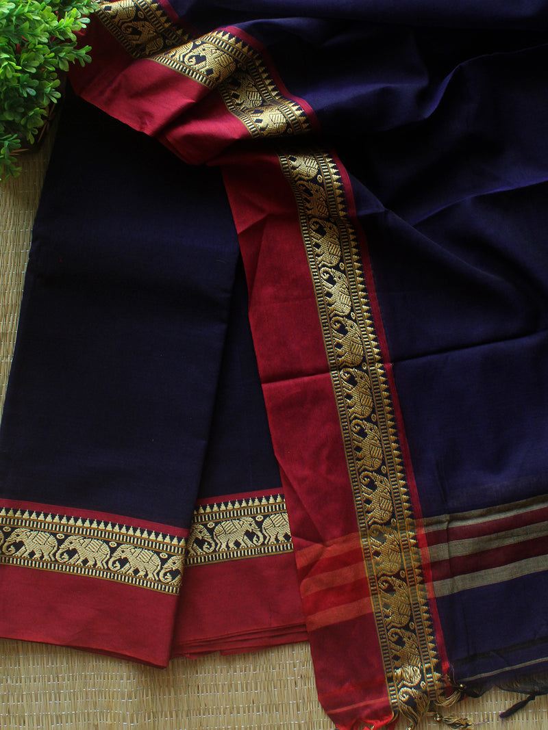 Dark Blue Dharwad Cotton Dress Material with Elephant Borders