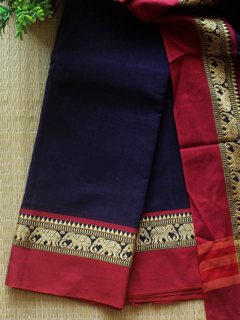 Dark Blue Dharwad Cotton Dress Material with Elephant Borders