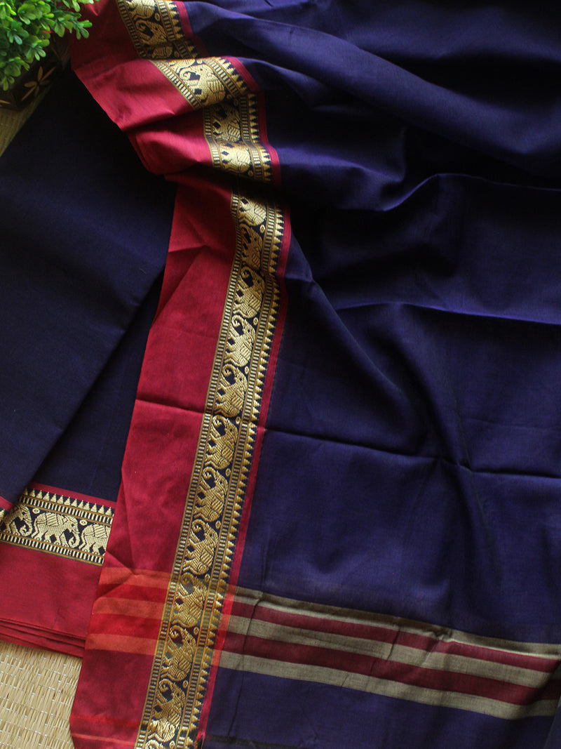 Dark Blue Dharwad Cotton Dress Material with Elephant Borders