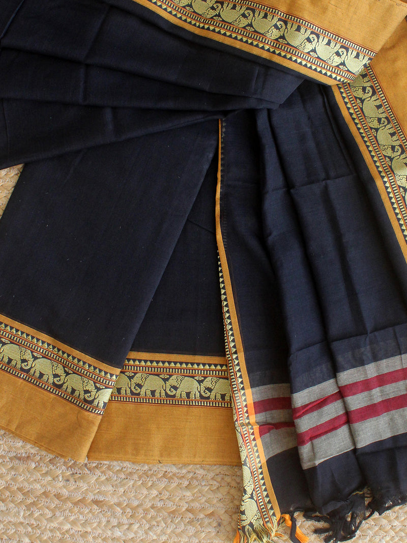 Black Dharwad Cotton Dress Material With Elephant Borders