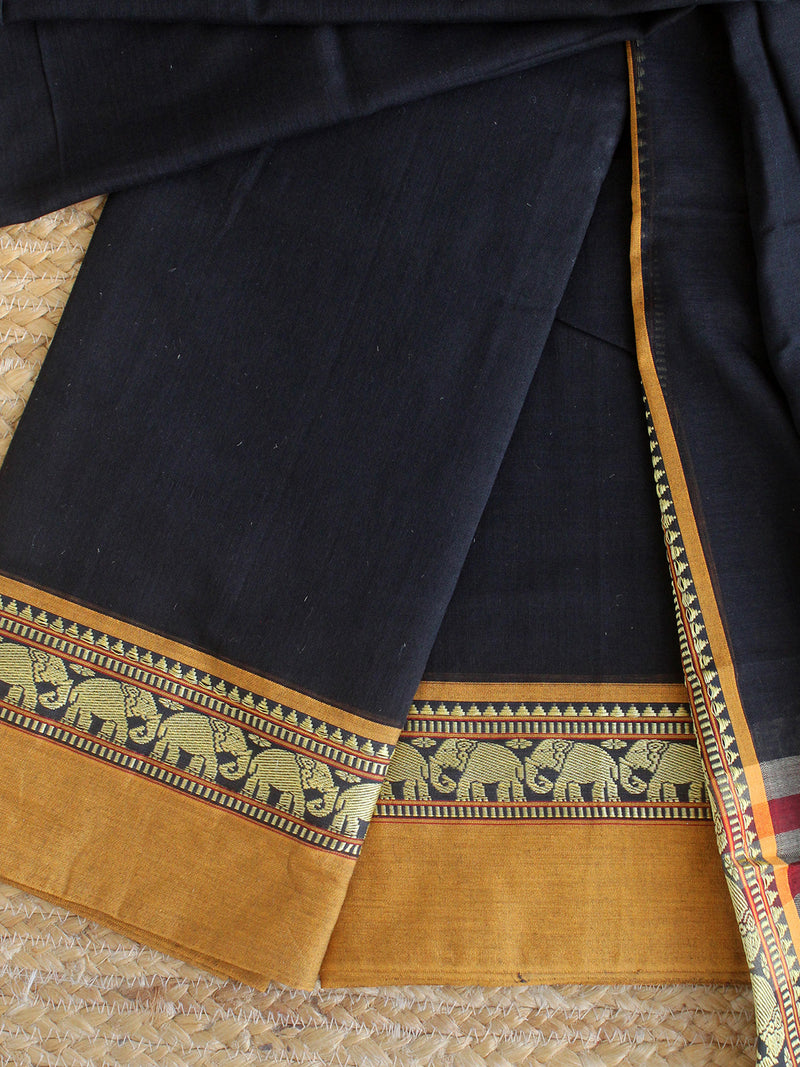 Black Dharwad Cotton Dress Material With Elephant Borders