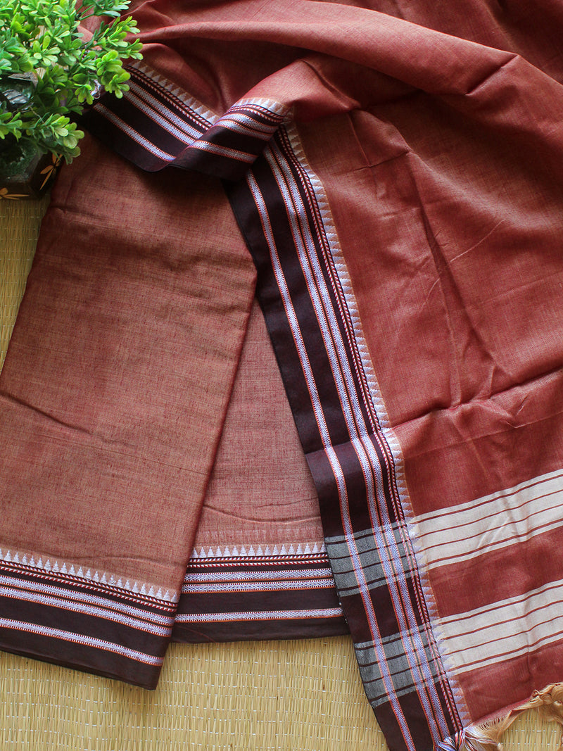 Brown and Beige Dharwad Cotton Dress Material With Gomi Borders