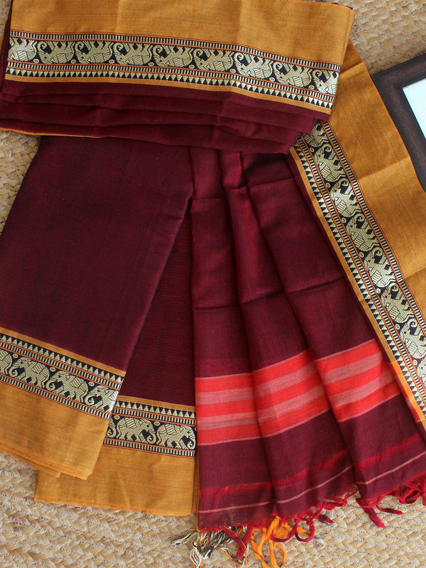 Maroon Dharwad Cotton Dress Material With Elephant Borders