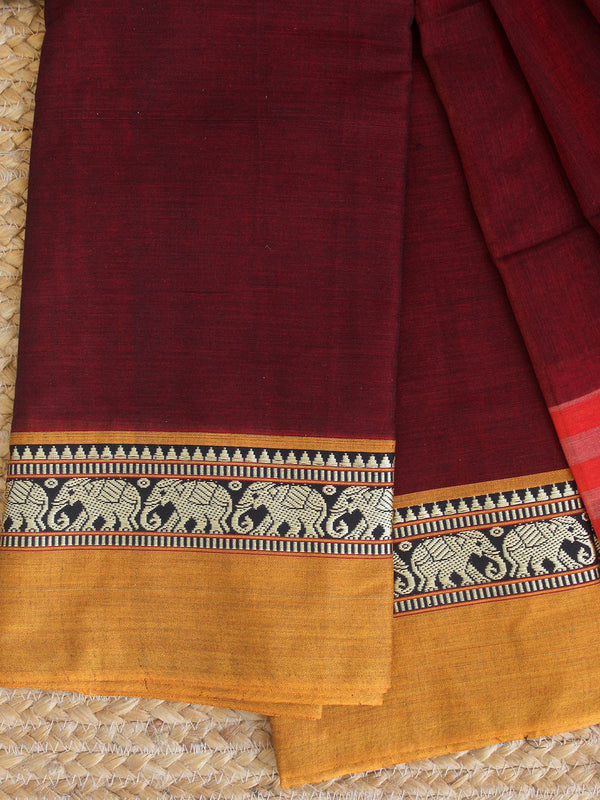 Maroon Dharwad Cotton Dress Material With Elephant Borders