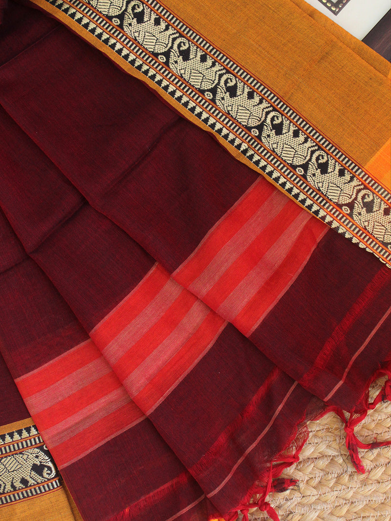 Maroon Dharwad Cotton Dress Material With Elephant Borders