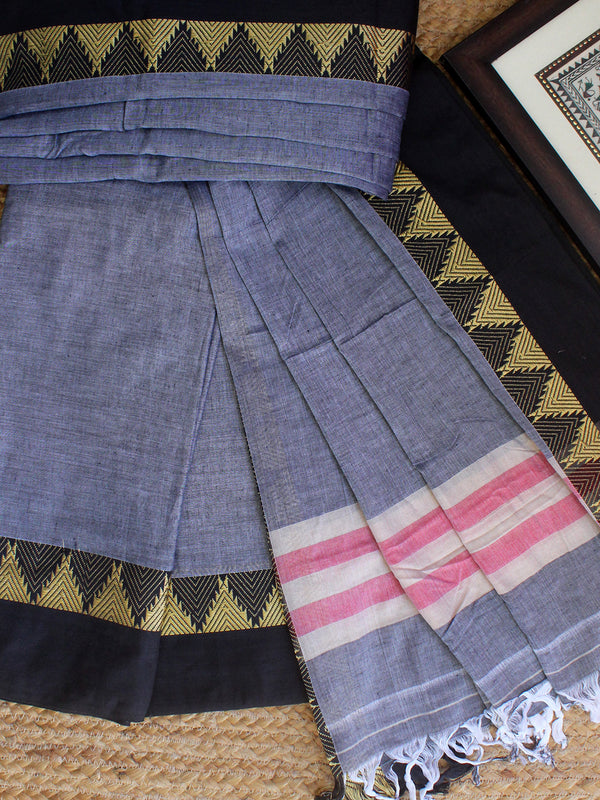 Grey Dharwad Cotton Dress Material With Temple Borders