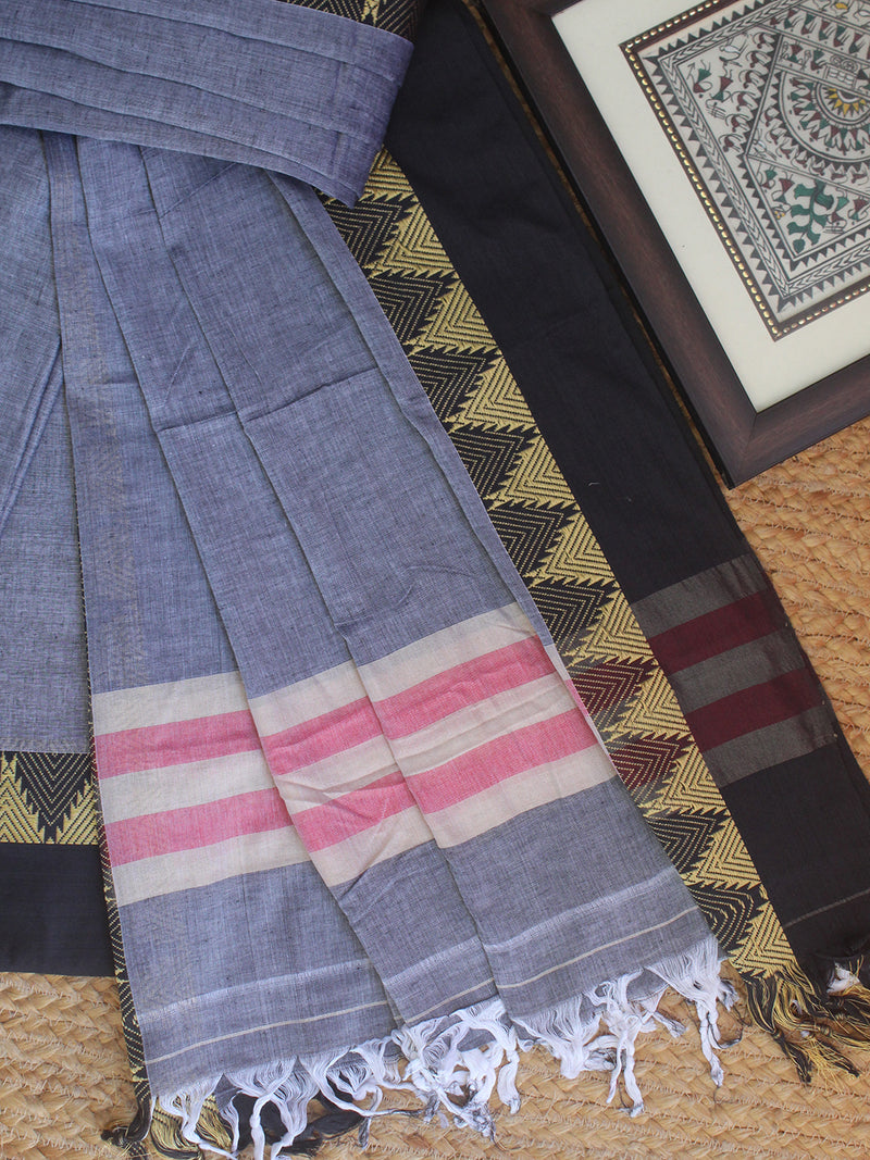 Grey Dharwad Cotton Dress Material With Temple Borders