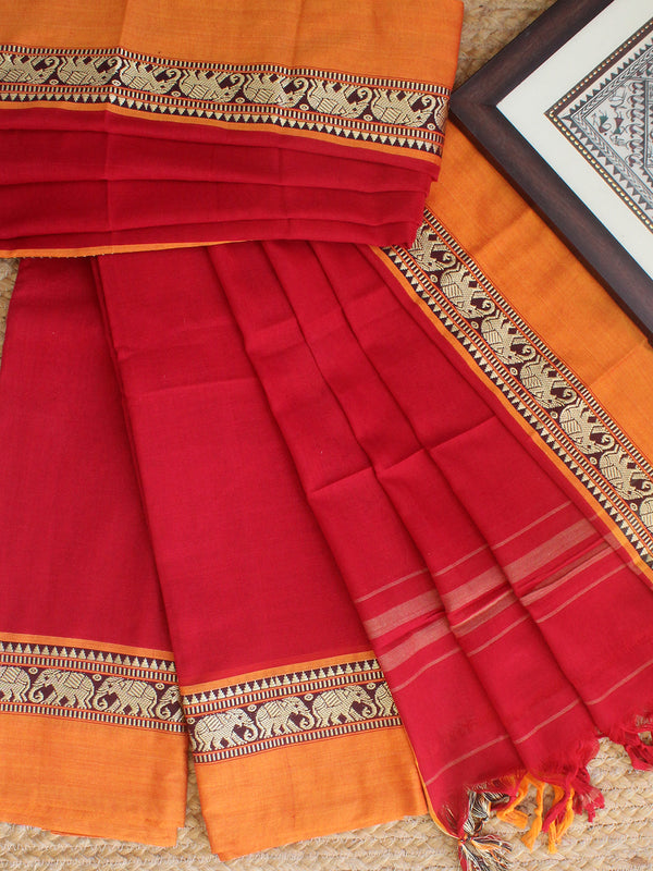 Red Dharwad Cotton Dress Material With Elephant Borders