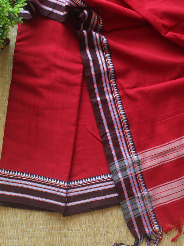 Red Dharwad Cotton Dress Material With Gomi Borders