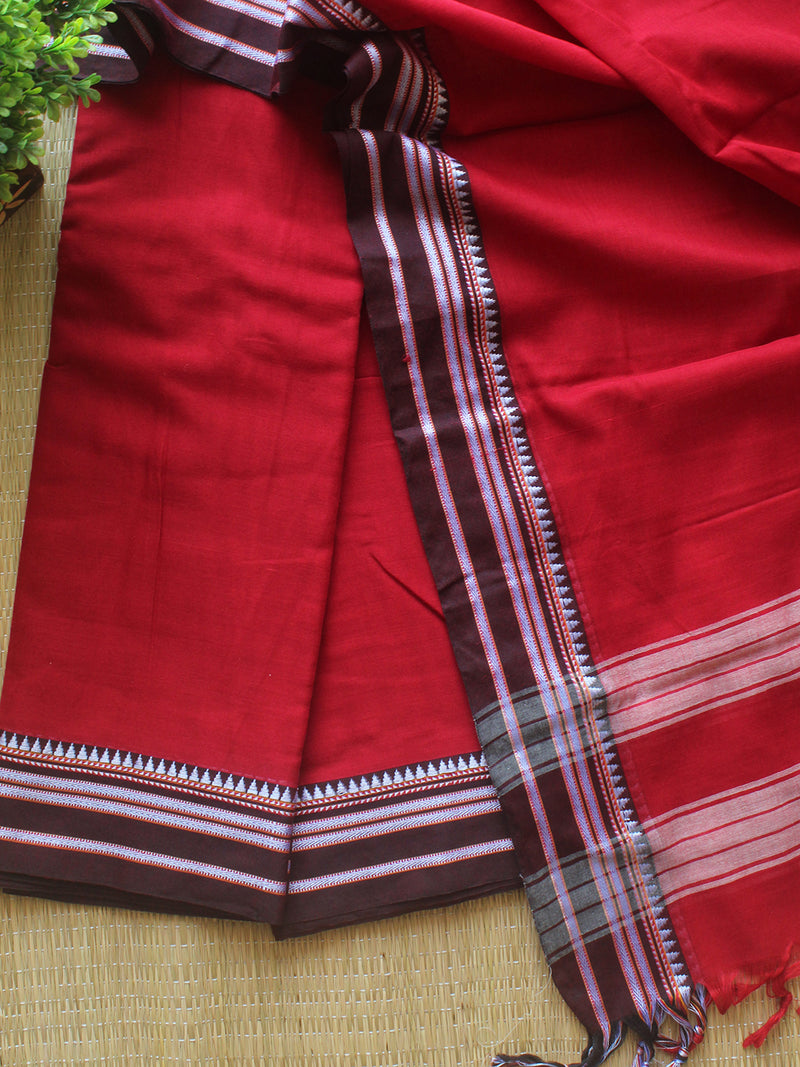 Red Dharwad Cotton Dress Material With Gomi Borders