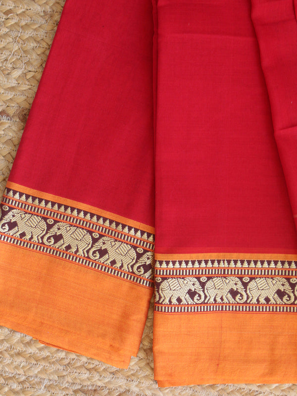 Red Dharwad Cotton Dress Material With Elephant Borders